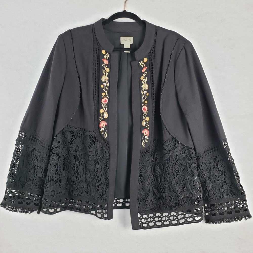 Chicos Women's XL Open Front Jacket Black Floral Embroidered‎ Lace Crochet Boho